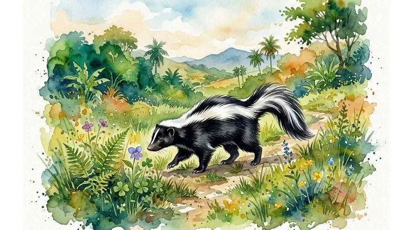 Pintura en acuarela de un zorrillo en una pradera natural de Honduras representando el 52 en la diaria.