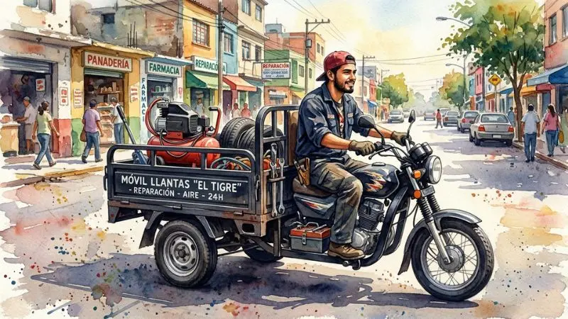 Ilustración en acuarela de una llantera a domicilio representando el 53 Llanta en La Diaria