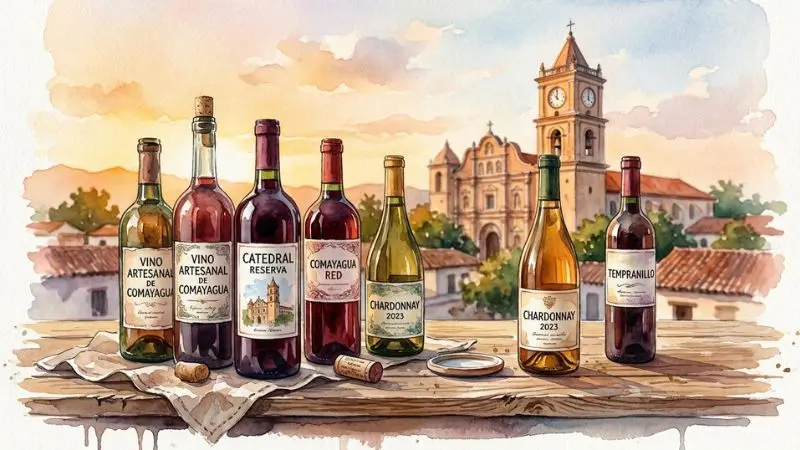 Pintura en acuarela de botellas de vino artesanal de Comayagua representando el 54 Licor en la diaria.