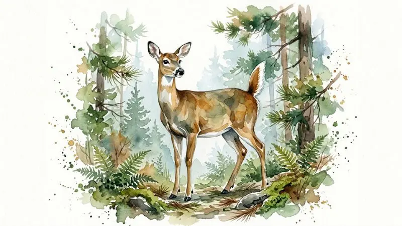 Ilustración artística en acuarela de un venado cola blanca, mamífero nacional de Honduras, en un bosque de pinos.