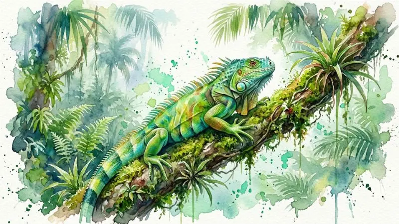 Pintura artística en acuarela de una iguana verde sobre una rama tropical, representando el símbolo del 62 en la diaria en Honduras.