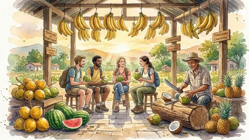 Ilustración en estilo acuarela de una champa tradicional a la orilla de la carretera en Honduras vendiendo cocos frescos.