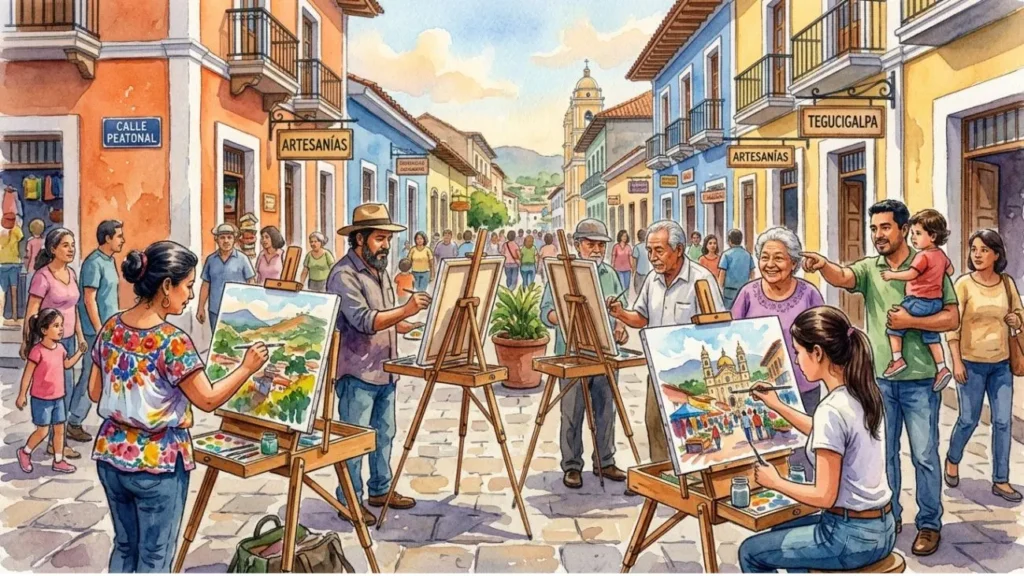 Pintores hondureños en la Calle Peatonal de Tegucigalpa expresando el 65 Pintura en la diaria en estilo acuarela.