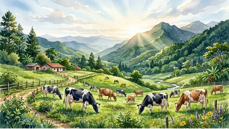 Pintura en acuarela de vacas pastando en un campo verde de Honduras para ilustrar el 67 en la diaria.