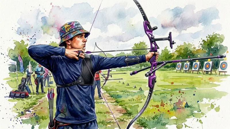 Pintura en acuarela de un deportista hondureño practicando tiro con arco en representación del 72 Arco en La Diaria.