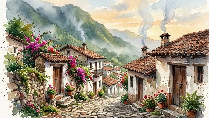 Pintura en acuarela de casas tradicionales de adobe en un pueblo de Honduras, ilustrando el 77 Humo en la diaria.
