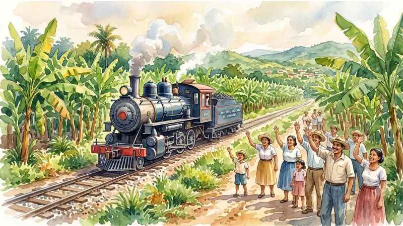 Pintura en acuarela de una locomotora pasando por campos bananeros en Honduras representando el 81 Rieles en La Diaria.