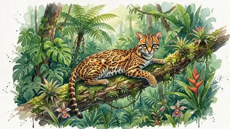 Ilustración artística en acuarela de un ocelote en la selva hondureña, complementando el artículo sobre el 87 en la diaria.