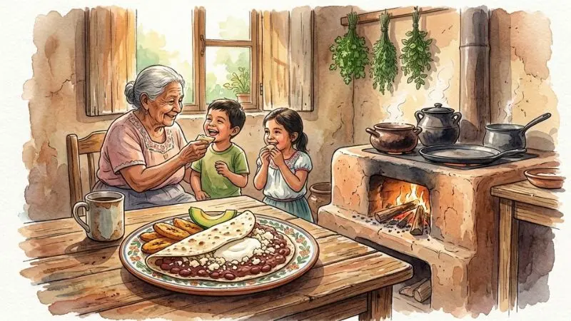 Ilustración en acuarela de una cocina típica hondureña con un plato servido en la mesa representando el 88 Platos en La Diaria.