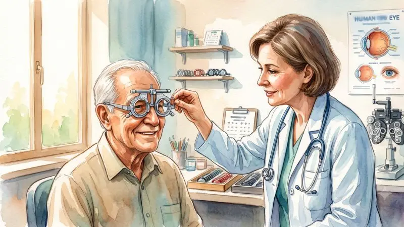 Ilustración en acuarela de una doctora probando lentes de ensayo a un paciente en una clínica oftalmológica para el 90 Lentes en La Diaria