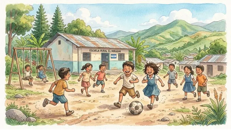 Ilustración en acuarela de niños hondureños jugando en el patio de una escuela rural en una aldea para el número 82 en la diaria.