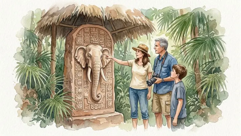 Pintura en acuarela de una estela maya en Copán, Honduras, mostrando el polémico grabado de una cabeza de elefante.
