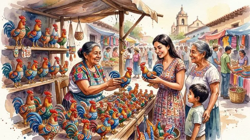 Artesanos de Choluteca vendiendo gallos de barro tradicionales en Honduras.