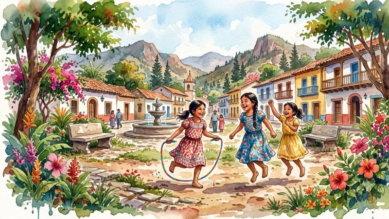 Una pintura artística en acuarela de tres niñas jugando en un parque tradicional de un pueblo de Honduras, que ilustra el significado del 16 Niña en la diaria. Se ven casas coloniales y montañas al fondo.