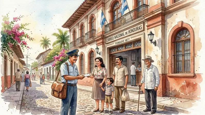 Pintura en acuarela de ciudadanos hondureños visitando el edificio histórico del Correo Nacional.