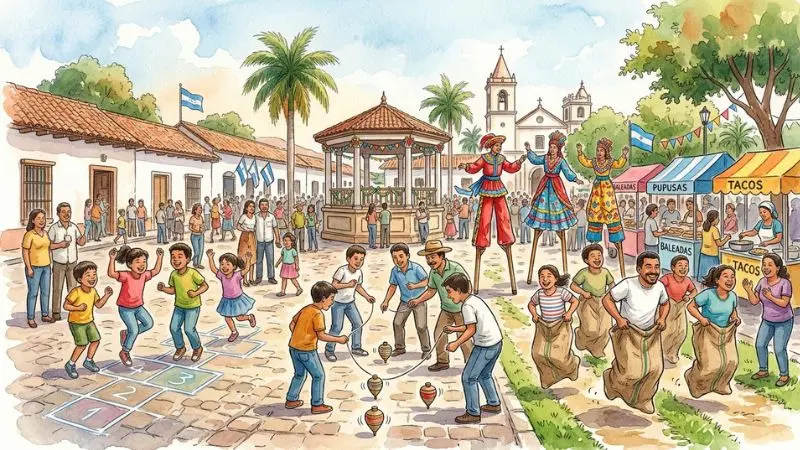 Pintura en acuarela de niños y adultos participando en juegos tradicionales de Honduras