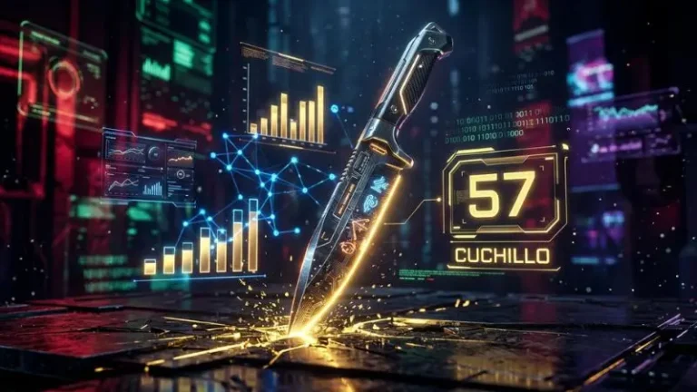 Representación holográfica y estadística del número 57 en La Diaria junto a su símbolo oficial del cuchillo.