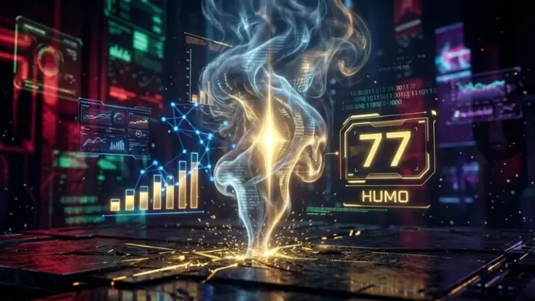 Representación holográfica y análisis estadístico del número 77 en La Diaria con su símbolo oficial Humo.