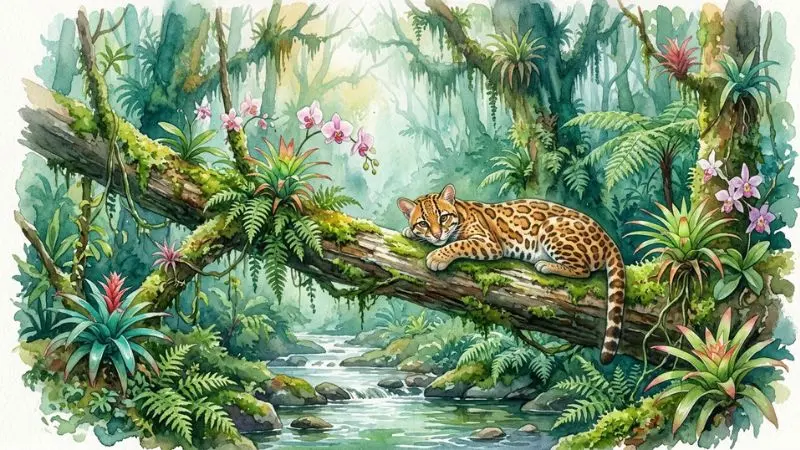 Pintura en acuarela de un ocelote en el Parque Nacional La Tigra, vinculada al número 04 en la diaria.