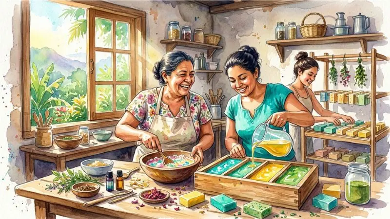 Ilustración en acuarela de artesanos hondureños elaborando jabón natural, representando el 39 Jabón en la diaria.