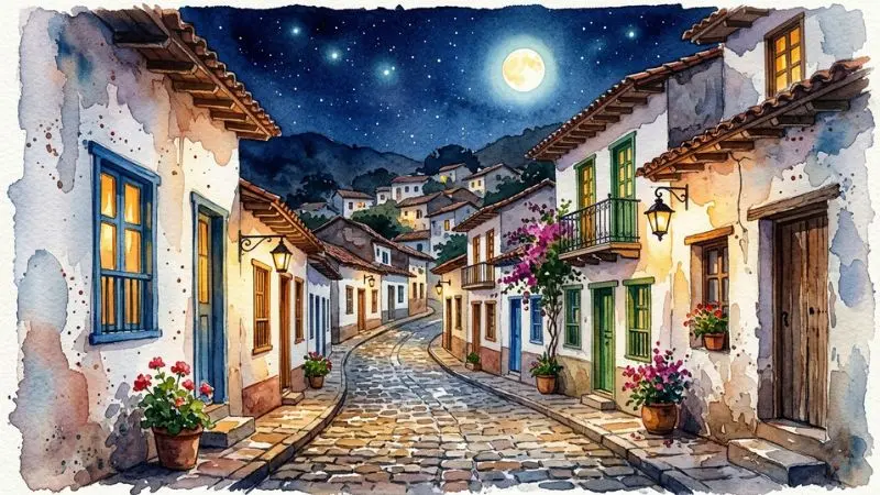 Pintura en acuarela de un pueblo tradicional de Honduras iluminado por la luz de la luna nueva.