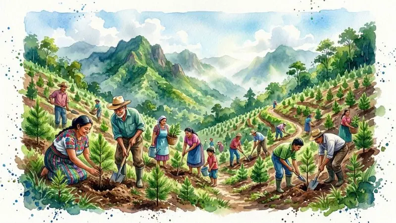 Pintura artística en acuarela de personas de una comunidad hondureña plantando pinos para reforestar una montaña en Honduras.