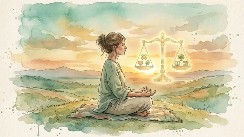 Pintura en acuarela de una persona en meditación junto a una balanza dorada en un atardecer, representando el 25 Balanza en La Diaria.