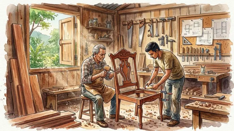 Pintura en acuarela de un taller de ebanistería tradicional en Honduras con artesanos fabricando muebles de madera.