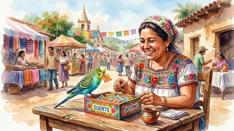 Pintura en acuarela de una feria hondureña con periquitos australianos de la suerte sacando un papelito.